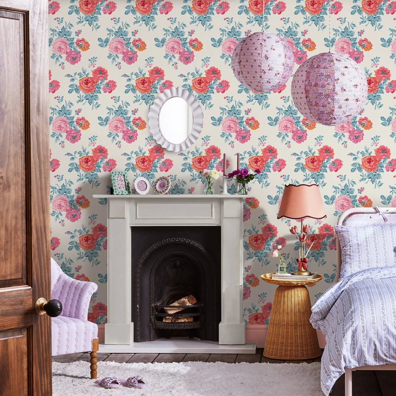 Cath Kidston Archive Rose Floral Wallpaper, Blue/Pink