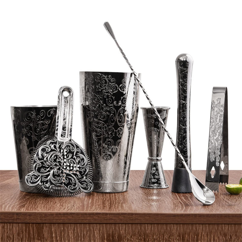 Cocktail Shaker Set, Etching Bartender Kit, 7-Piece Professional Bar Tools In Gift Box