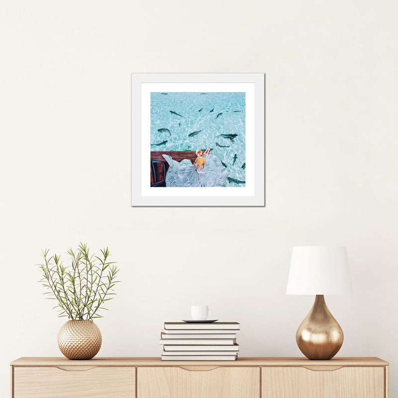 " Breakfast With Sharks " by Hobopeeba, White Framed Paper, White, 16" H x 16" W x 1" D