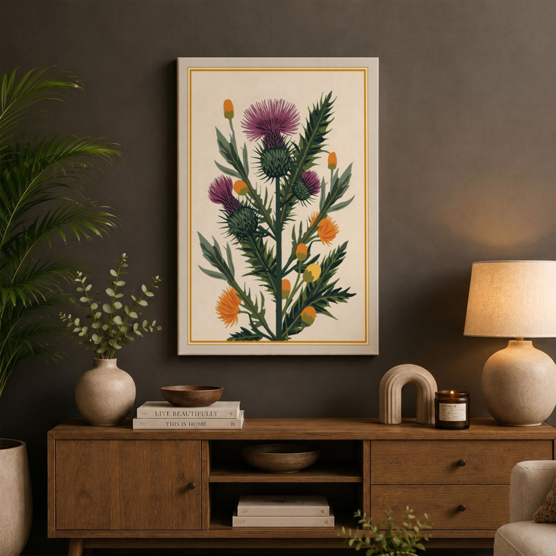 Thistle and Bloom Study Botanical - Wrapped Canvas, 18x12 - 45.7 x 30.5 cm, Teal Border
