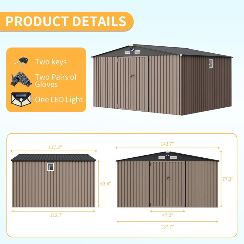 Remise de rangement extérieure en métal 12 pi x 10 pi avec fenêtres et portes verrouillables, remise à outils robuste pour le jardin