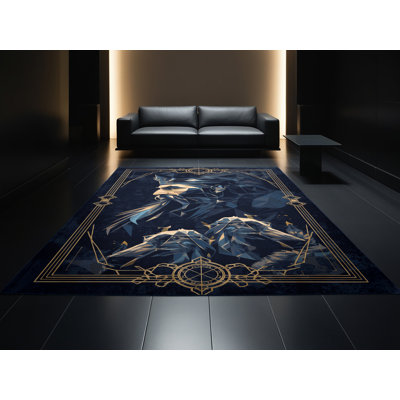 Machine Washable Pittman Hades Glam Geometric Rug in Grey – Navy Binding