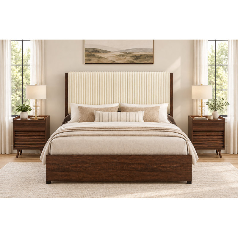 Ensemble de chambre à coucher 3 pièces, lit rembourré avec 4 tiroirs et 2 tables de chevet, Brun / Noyer, Très grand lit