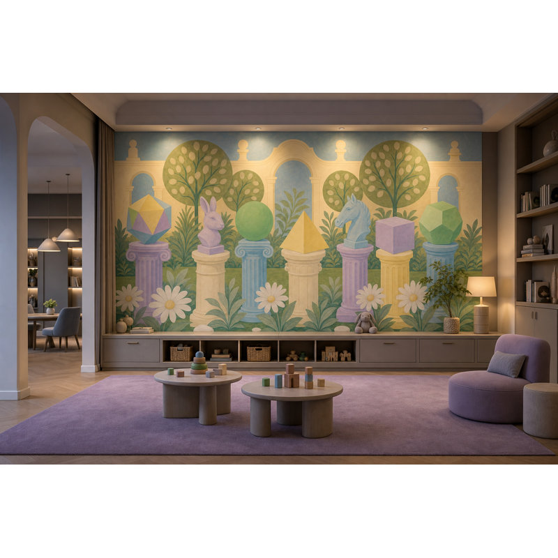 Papier peint mural surréaliste représentant un jardin, des arches classiques et des formes géométriques., 200"x120"