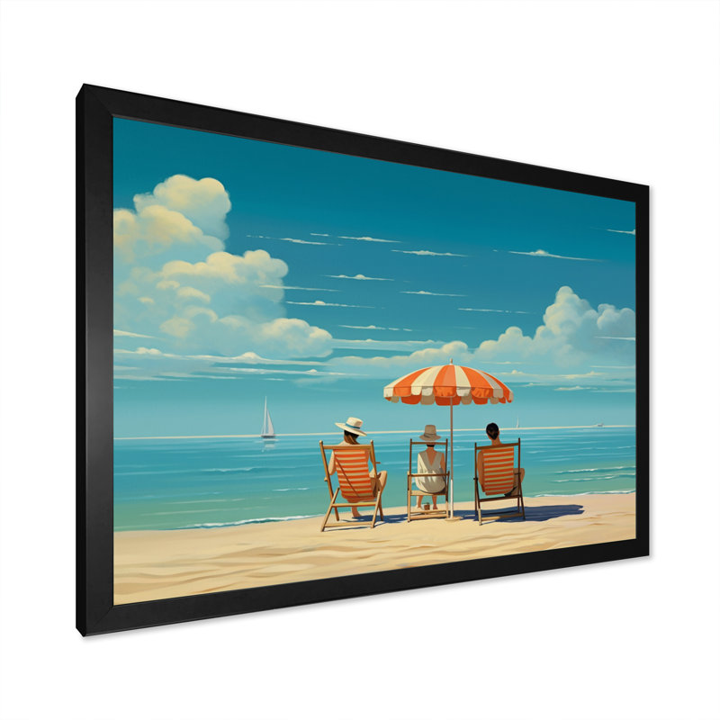 Phan " Retro Orange Beach Chairs With Parasol Blue Sky ", Black Single Picture Framed, 30" H x 40" W x 1.5" D