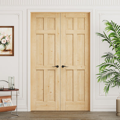Interior 6-Panel Pine Wood Door, Colonial Natural Solid Pine Double French Doors, Pine Wood Frame & Matte Black Hardware-Privacy Door Lever with Lock, Latch & Hinges, Unfinished & Paintable, Pantry, Room, Bedroom, Bathroom & Closet, 48"x 80"