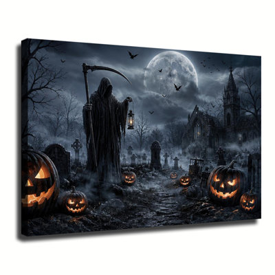 Grim Reaper With Lantern In Spooky Cemetery Glowing Pumpkin Halloween Canvas Wall Art For Room Wall Decoration