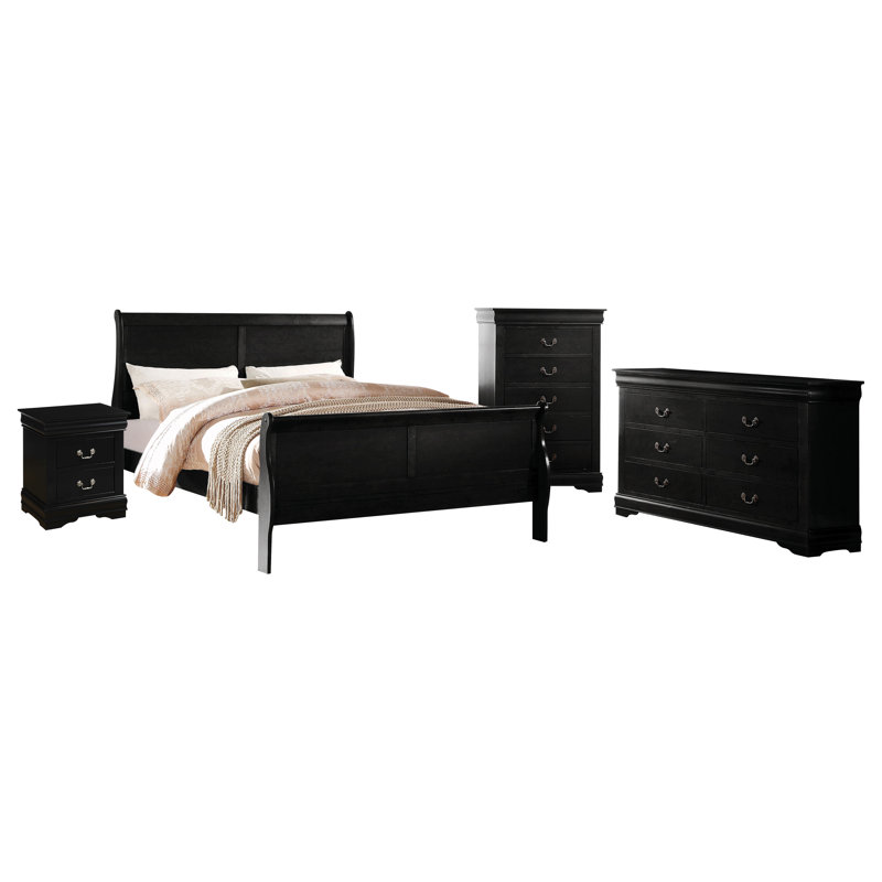 Ensemble de chambre à coucher Engstrom, Noir, Très grand, 3 pièces : 2 table de chevet, 1 lit