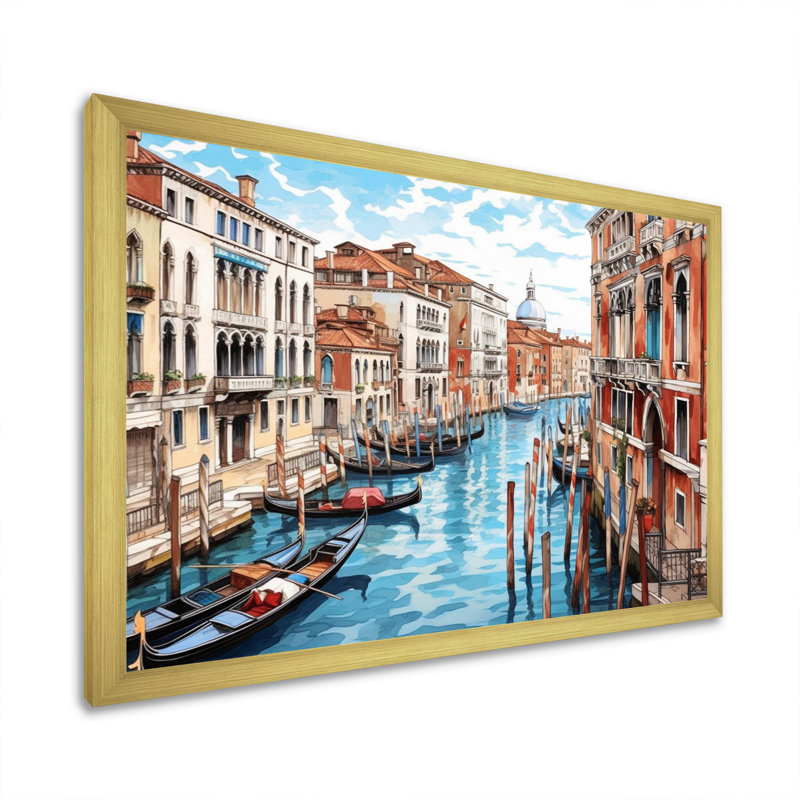 Art mural canal vénitien - Italie, Cadre doré simple, H 24 po x l 32 po x P 1 po