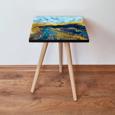 Table d'appoint élégante avec pieds en bois de hêtre, design abstrait bleu et bleu marine, 13,8 x 16,5 x 13,8 pouces | 100% panneau de fibres à densité moyenne avec une épaisseur de 0,7 pouce | Parfait pour le salon, la chambre à coucher ou le bureau, moderne et fonctionnel