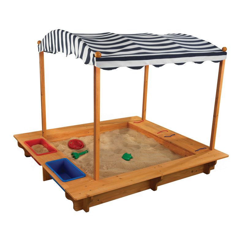 Bac à sable d'extérieur couvert en bois avec bacs et auvent rayé bleu marine et blanc