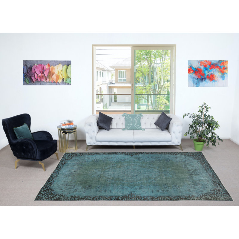 Tapis de couleur bleue 6,4 x 10,7 pi avec motif de médaillon. Fabriqué à la main en Turquie