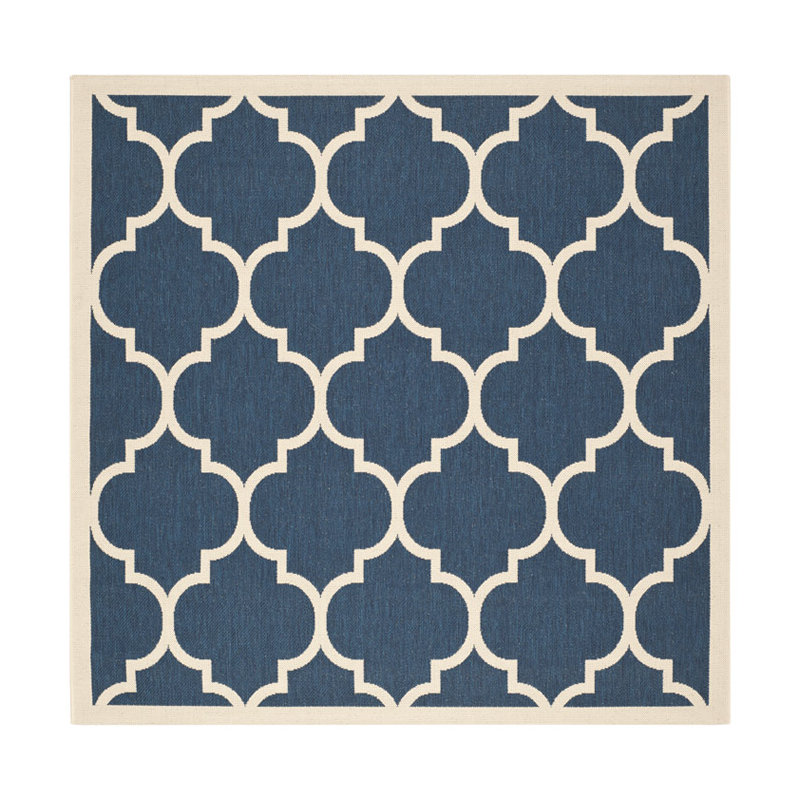 Courtyard Performance Geometric Indoor/Outdoor Area Rug, Square 7'10", Beige/Navy