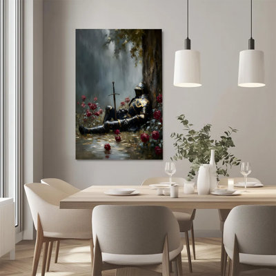 2D Flat, 1Pc Framed Canvas Wall Art, Knight in armor reclines against a tree, sword upright, amidst red roses, Ethereal oil painting style. Art Print Canvas Poster Painting Room Wall Decor, Ideal Gift For Bedroom Living Room Hallway Dorm, Ready To Hang