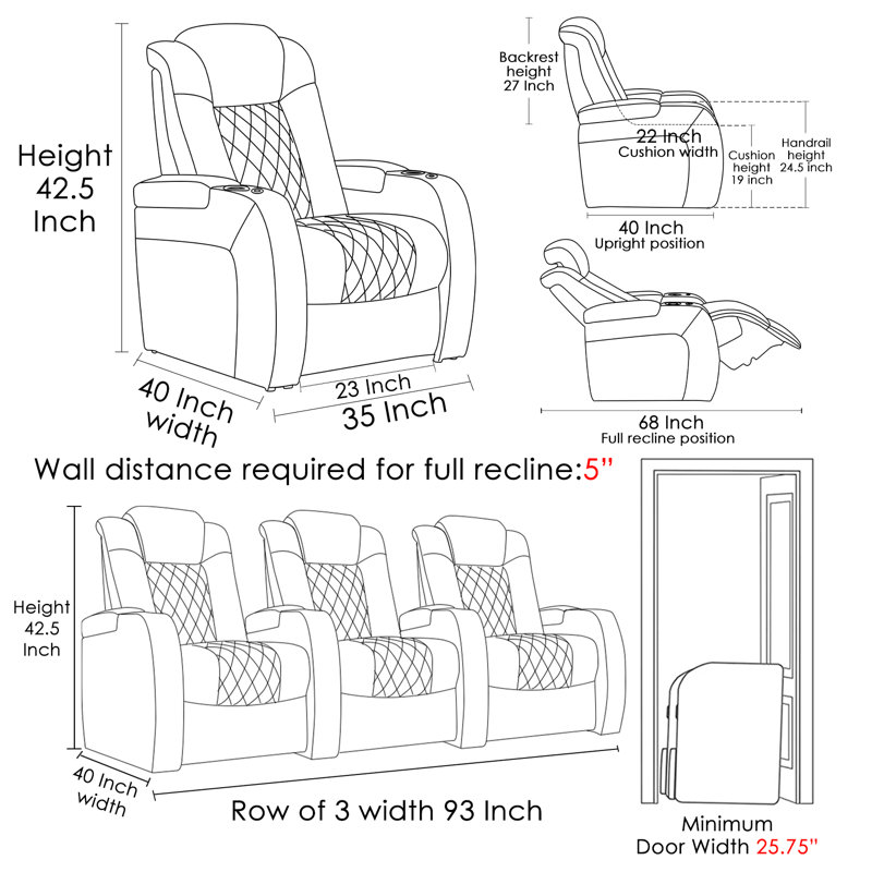 Leather Power Reclining Home Theater Seating with Cup Holder, Black Genuine Leather