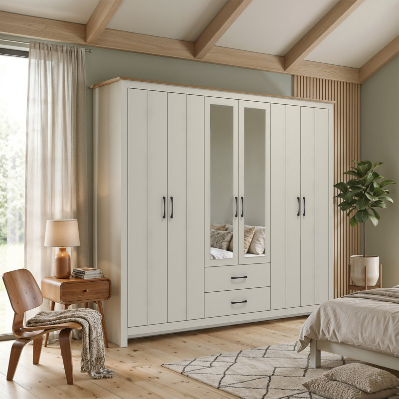 6 Door 2 Drawer Wardrobe with Mirror, Light Grey