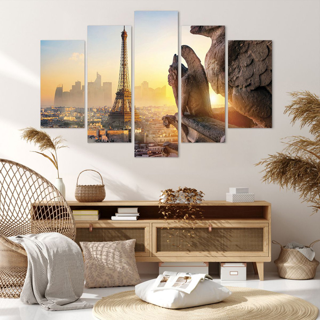 5-tlg. Leinwandbilder-Set Gargoyles Tower Eiffel