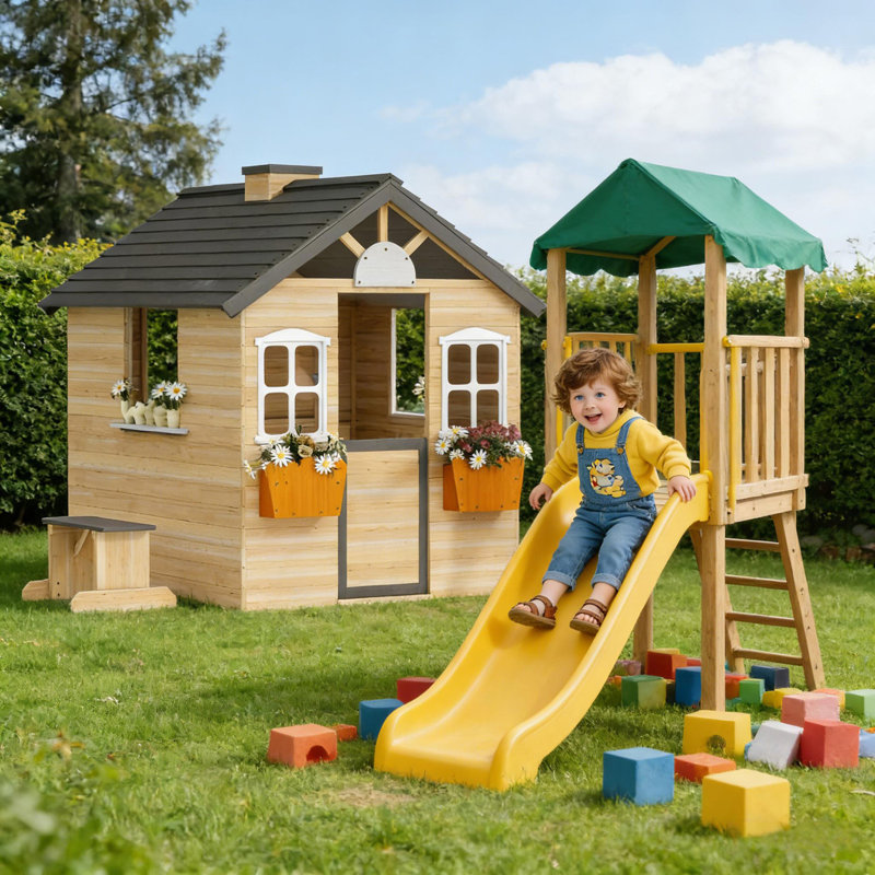 Maisonnette en bois pour enfants, Gris / naturel / orange / blanc
