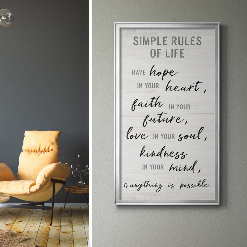 Simple Rules of Life - Art textuel sur toile encadré, H 22,5 po x l 42,5 po x P 1,5 po, Cadre argenté
