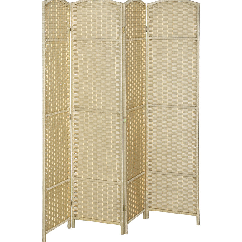 Paravent autoportant à 4 panneaux avec conception tissée à la main, plateau arqué, polypropylène et bois de pin, beige, pour plier la décoration intérieure
