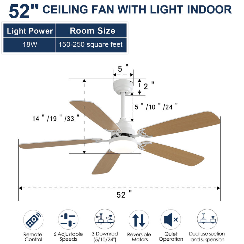 Ventilateur de plafond intérieur moderne 6 vitesses avec 5 pales et moteur à courant continu réversible