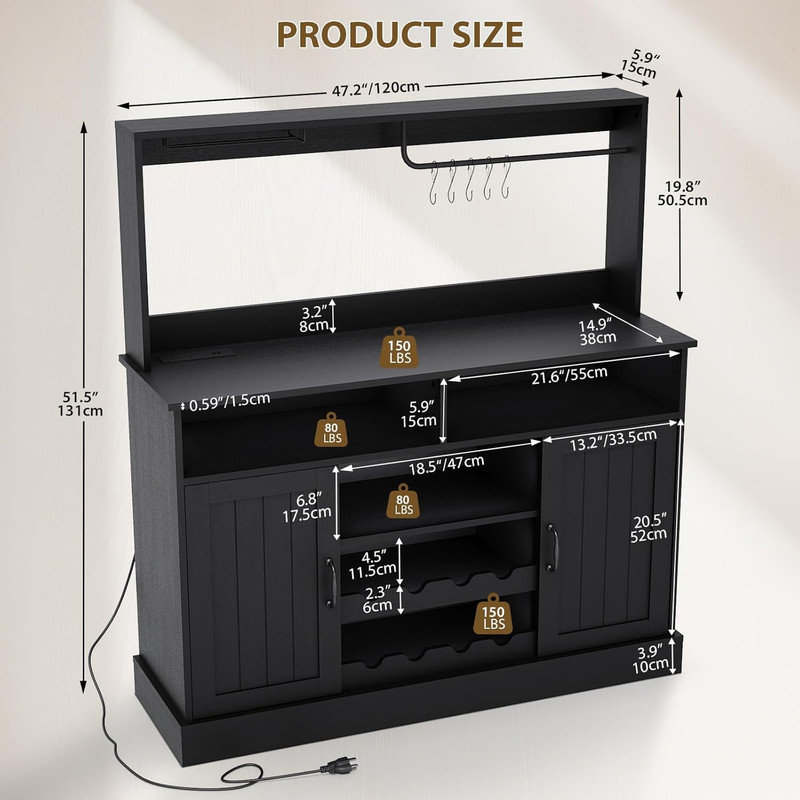 47" Farmhouse Coffee Bar Cabinet with Power Outlets, Wine Rack & Goblet Holder for Kitchen Living Room, Black