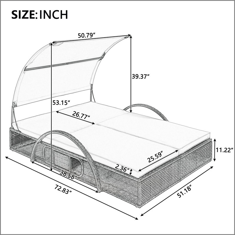 Chaise longue d'extérieur en acier avec dossier réglable, lit double de patio avec table d'appoint cachée et accoudoirs arqués, convient pour la terrasse de la piscine, le jardin et la cour