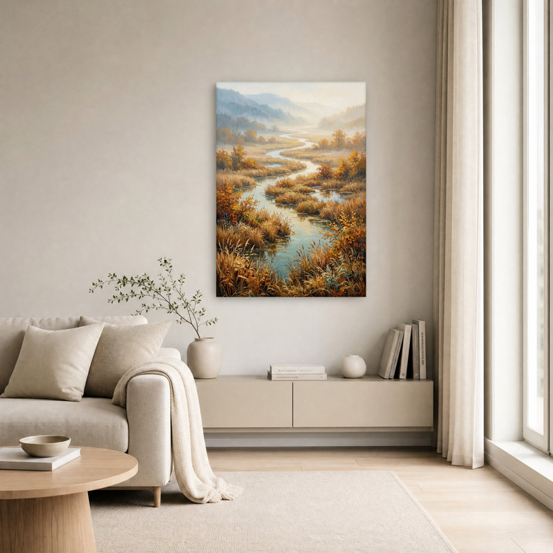Tableau sur toile représentant une vallée fluviale brumeuse aux feuillages d'automne dorés, H 30 po x l 20 po
