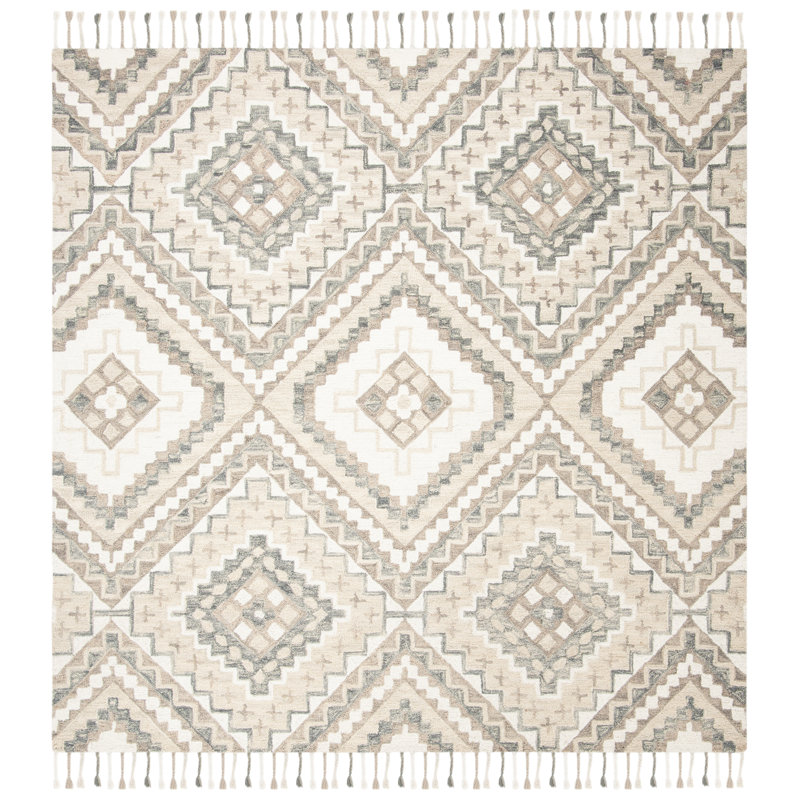 Bridgette Southwestern Handmade Tufted Wool Taupe/Ivory Area Rug, Square 5'
