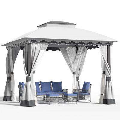 Pavillon de jardin d'extérieur 10 x 10 avec abri anti-moustiques et abri de toit en métal à double toit