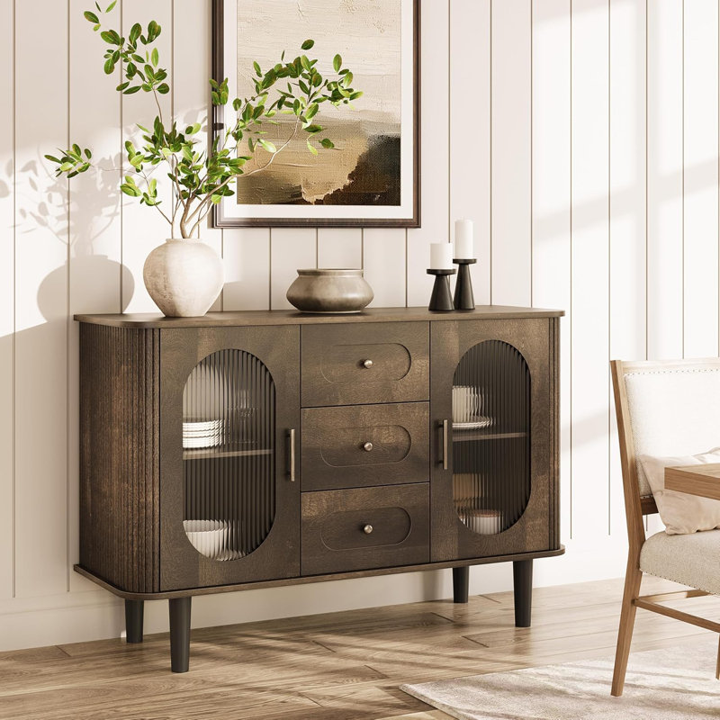 47" Buffet Cabinet, Coffee Bar Cabinet with 2 Doors and 3 Drawers, Buffet Table with Adjustable Shelves for Dining Room, Living Room, Walnut