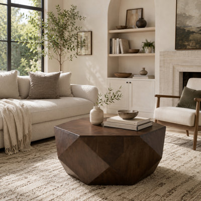 Table basse hexagonale en bois massif brun