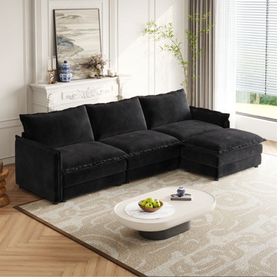Corduroy Fabric 3-Seater Comfy Cloud Couch With Movable Footrest For Living Room,Oversized Deep Seat L Shaped Couch Set, Upholstered Large Size Deep Seat L Shaped Sofa With 3 Cushions