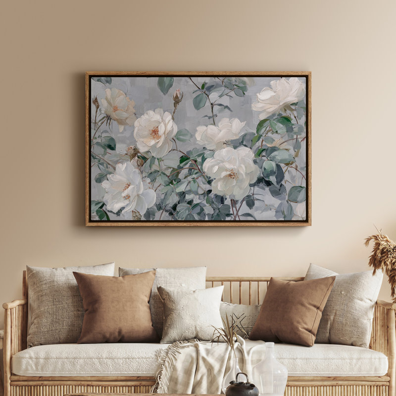 Art mural encadré sur toile - Arrangement floral rose blanche classique sur fond gris doux - 16 po x 24 po, 24 po x 36 po