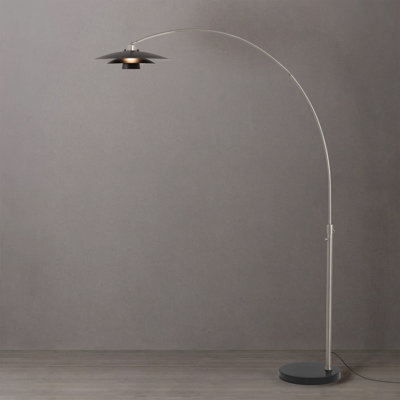 Float Arc Lamp - Modern Style, Satin Nickel Steel Body, Black Marble Base, Fleur Matte Black Silver Steel Shade, Dimmable, Column Stem Switch, Ideal for Living Rooms, Bedrooms, Home Offices