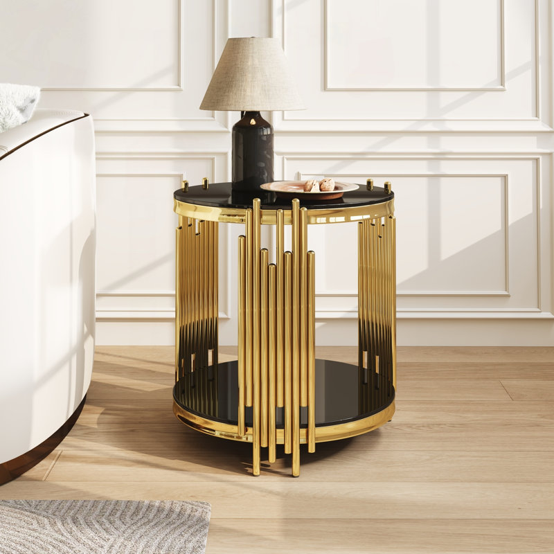 Table de bout ronde en verre à 2 niveaux avec cadre doré, H 21,26 po x l 19,7 po x P 19,7 po, Noir / or + noir