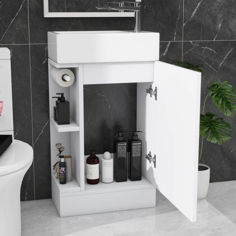 Meuble-lavabo compact 18,6 po avec meuble-lavabo et porte-papier hygiénique à deux niveaux, Blanc