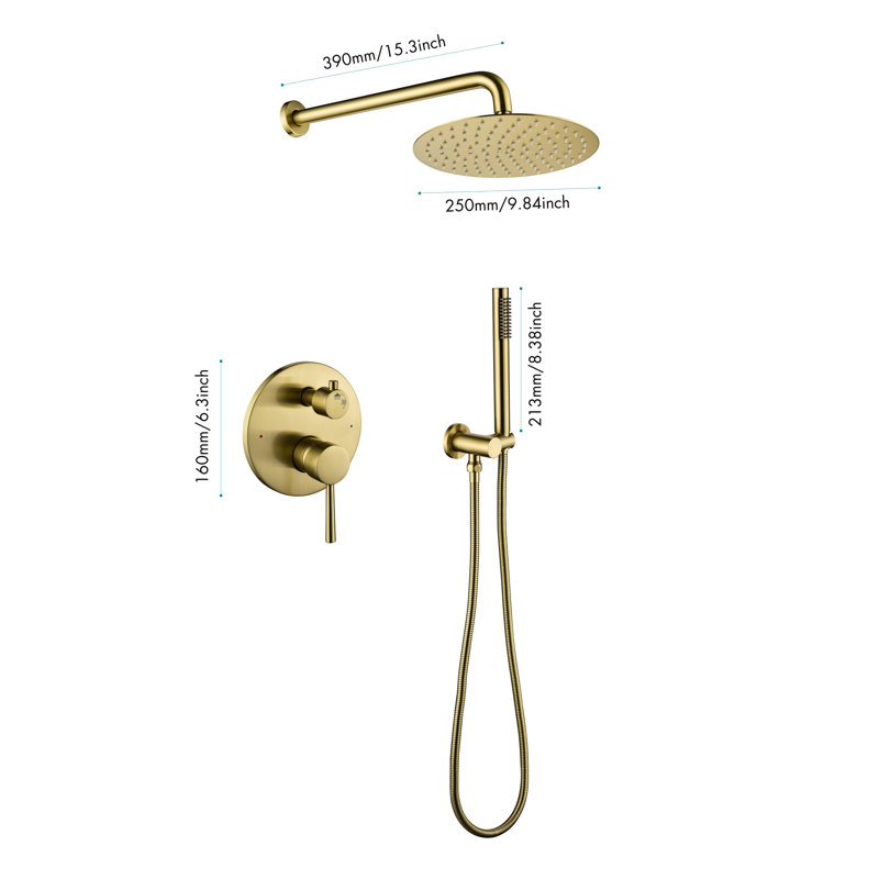 Brushed Gold Shower Faucet For Bathroom, With High 10" Stainless Steel Rain Head And Handheld Bathroom In Gold, Handheld,