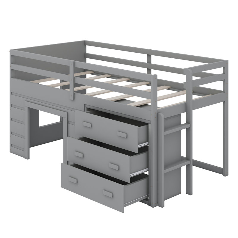 Lit mezzanine avec tiroirs et tablette, Gris