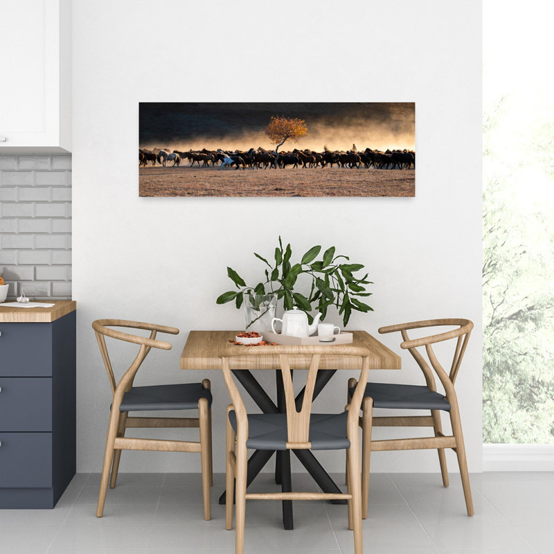 Chevaux qui courent, peinture dorée abstraite, art contemporain, paysage d'automne, H 36 po x l 12 po