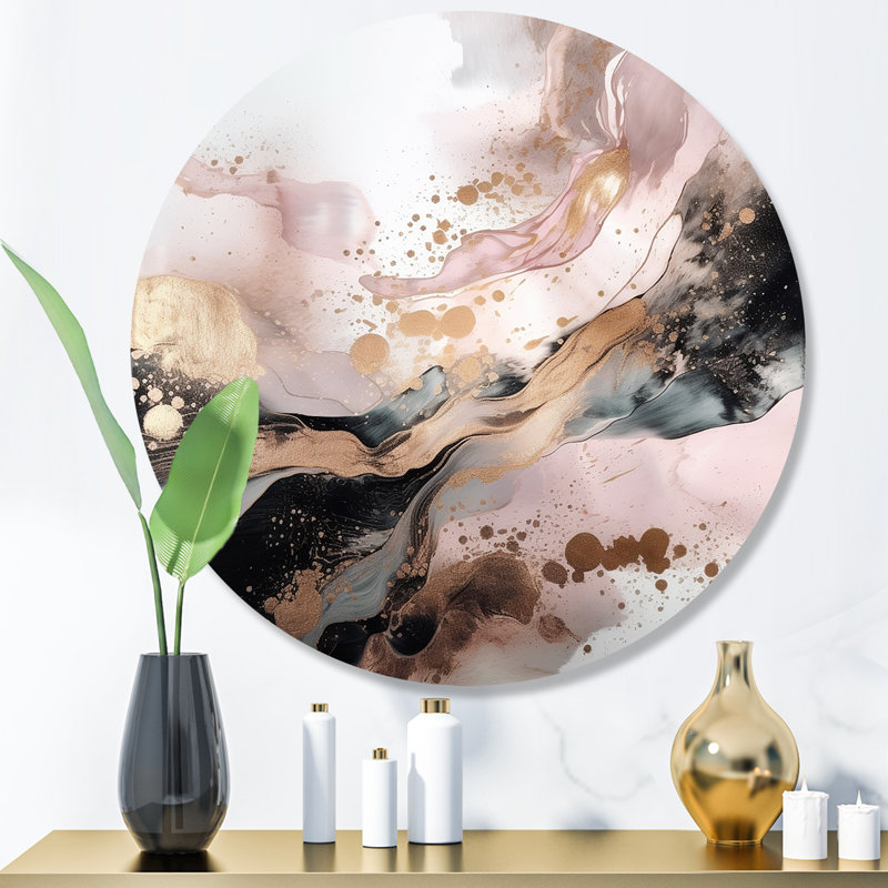 «Pink Gold Texture» Splash Marble IV - Art abstrait rond en marbre sur métal, H 23 po x l 23 po x P 1 po