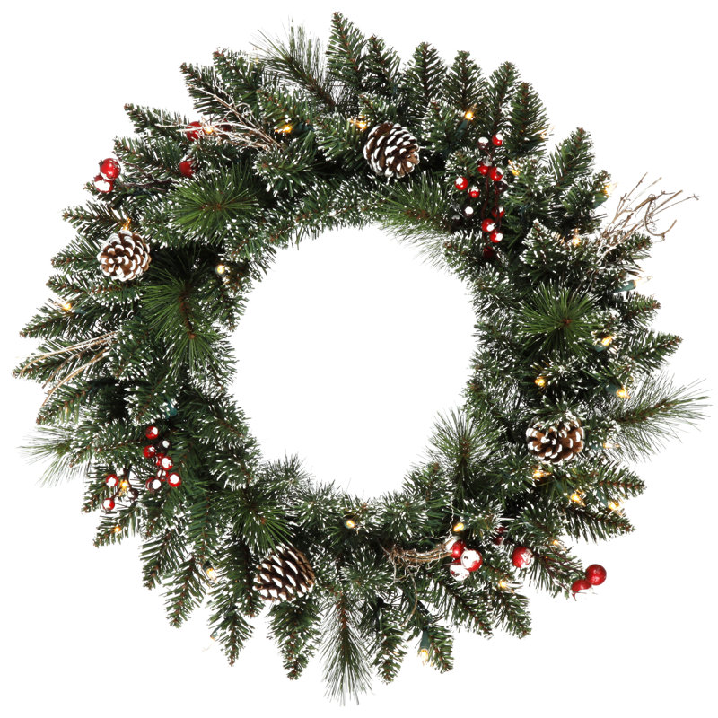 Artificial Snow Tipped Pine Wreath, 30" H x 30" W x 3" D, Clear