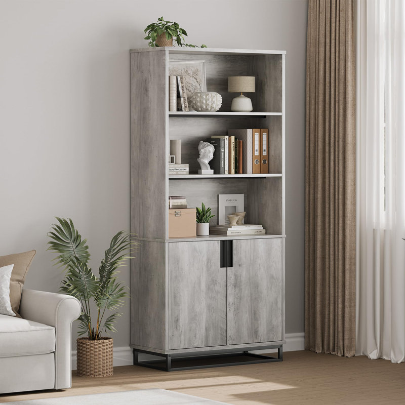 71" Tall Bookshelf w/ Doors & Metal Base, 5-Tier Wooden Bookcase with Cabinet and Adjustable Shelf,Farmhouse Book Shelf Industrial Bookcase for Living Room Office Library