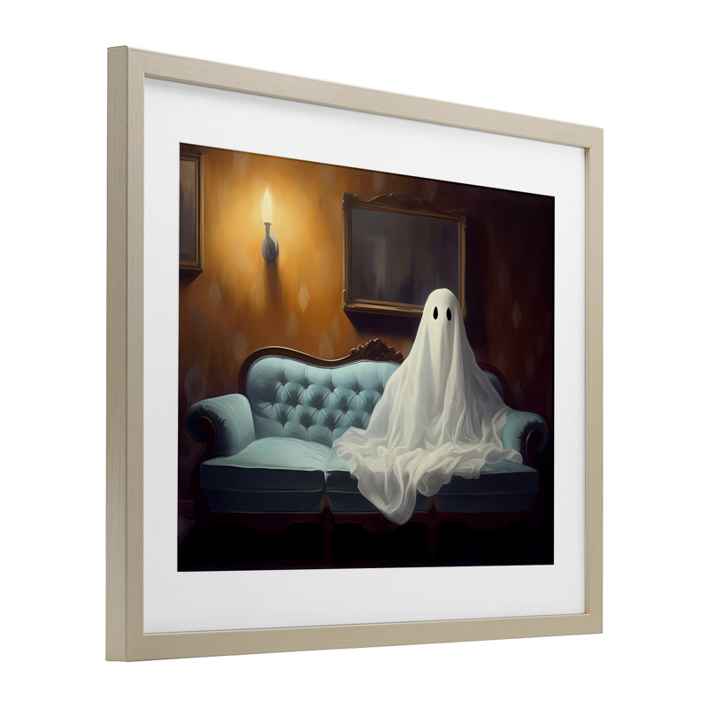 «Ghost On Spooky Couch», reproduction sous verre, conception de Lsr Design Studio, H 13 po x l 16 po, Cadre de récolte en pin