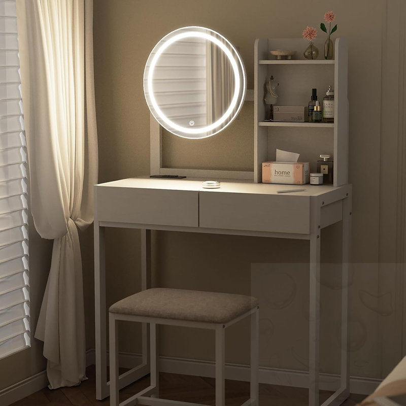 Bureau de coiffeuse avec miroir à DEL, prise de courant et tabouret rembourré