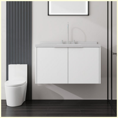 36 meuble-lavabo flottant avec lavabo 36 po, comptoir et dosseret en marbre de culture blanc Carrara 2 po, porte en contreplaqué à fermeture en douceur, blanc