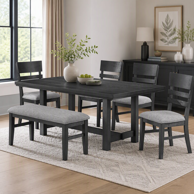 Table de salle à manger fonctionnelle en placage de bois massif noir anthracite, meuble de salle à manger simple, 1 pièce