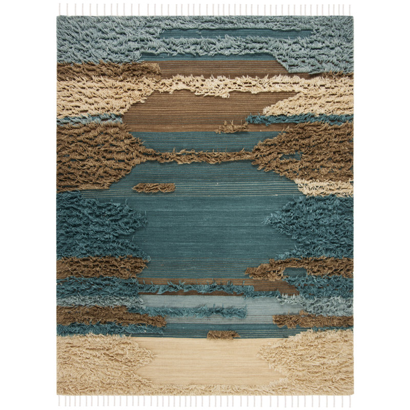 Tapis abstrait en laine / coton noué à la main Inelda - bleu / brun / beige, Rectangle 9 pi x 12 pi