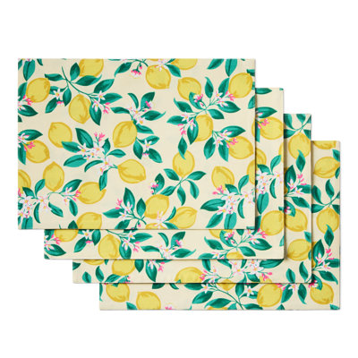 DRAPER JAMES Lemon Blossom Reversible Fabric Placemats 4-Pack Set, Yellow/Green, 13"x18"