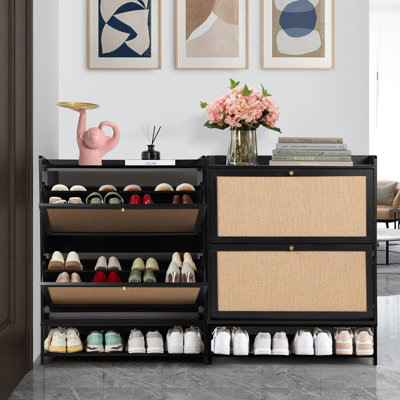 Slim Shoe Cabinet With Flip Drawers, Freestanding Shoe Organizer For Entryway, Hallway, Living Room, Black Narrow Shoe Storage Cabinet With Adjustable Shelves